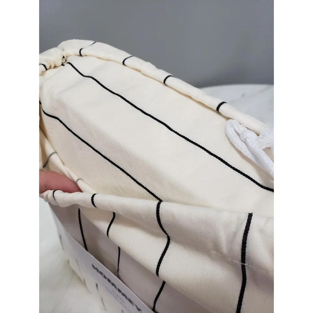 HOMMEY Queen FITTED Sheet White Organic Cotton Stripes Breathable Modern SIMPLE